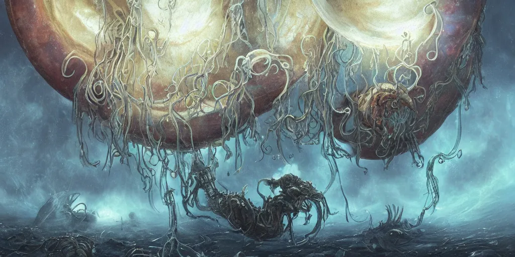 Image similar to concept art of giant translucent glowing jellyfishes, lovecraftian divers helmet, lots of teeth, melting horror, round moon, rich clouds, fighting the horrors of the unknown, high resolution, very detailed, volumetric light, mist, grim, fine art, decaying, textured oil over canvas, epic fantasy art, very colorful, ornate, anato finnstark