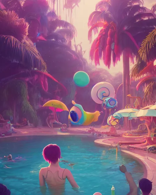 Image similar to highly detailed surreal vfx portrait of an anthropomorphic candy pool party, stephen bliss, unreal engine, greg rutkowski, loish, rhads, beeple, makoto shinkai and lois van baarle, ilya kuvshinov, rossdraws, tom bagshaw, global illumination, detailed and intricate environment