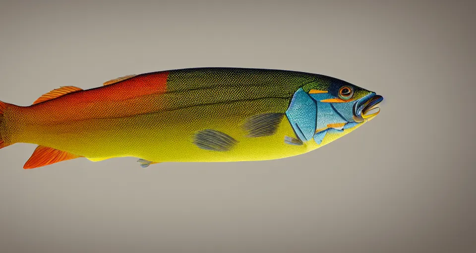 Image similar to a beautiful painting of a redfin perch, octane render, brilliantly coloured, intricate, ultra wide angle, trending on artstation, black light, volumetric lighting, ray lighting from top of frame, crepuscular ray lighting from above, dynamic lighting, muted colors, polished, micro details, ray tracing, 8 k