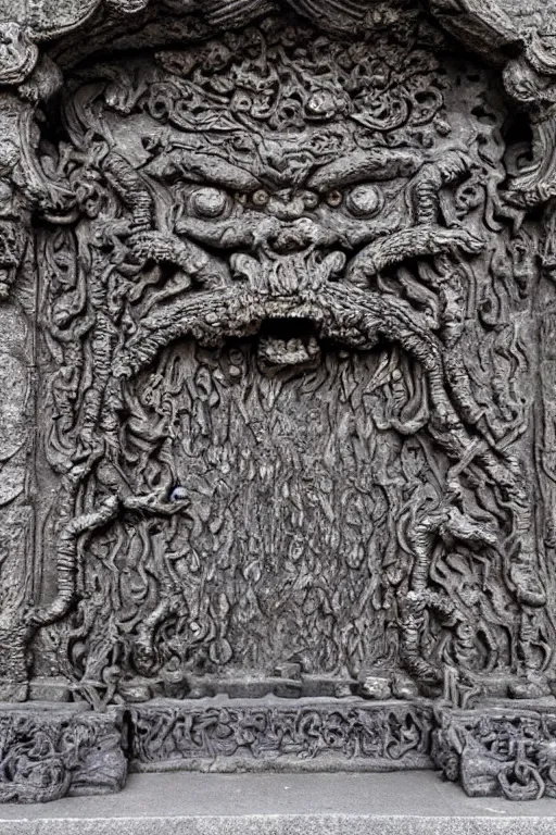 Prompt: the epic baroque mossy basalt gateway to azathoth, hellmouth, teeth, wood, cosmic horror, highly detailed ornate decoration, screaming faces. sacrificial stone altar in front of a massive stone monolith carved with arcane symbols. flickering light. low perspective