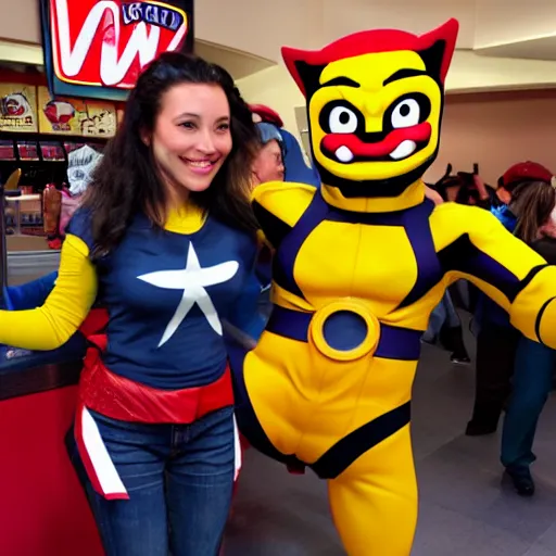 Image similar to wolverine from marvel holding hands with the wendys mascot