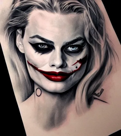 Image similar to tattoo design sketch of beautiful margot robbie portrait with joker makeup, in the style of den yakovlev, realistic face, black and white, realism tattoo, hyper realistic, highly detailed