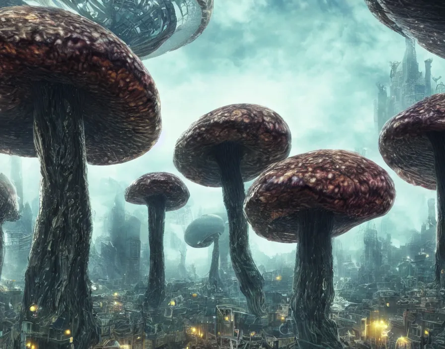Prompt: trippy giant eldritch mushrooms in city, realistic, beautiful texture, beautiful graphics, fantasy artwork, very beautiful scenery, hd, hdr, ue 5, ue 6, unreal engine 5, cinematic 4 k wallpaper, 8 k, ultra detailed