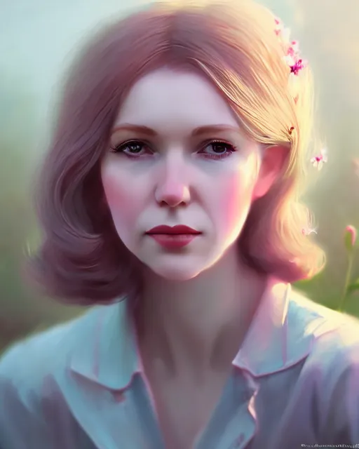 Image similar to candy clark surrounded by mist and pretty flowers, very detailed, realistic face, detailed face, matte, tonemapping, perfection, 4 k, cushart krenz, cinematic, atmospheric