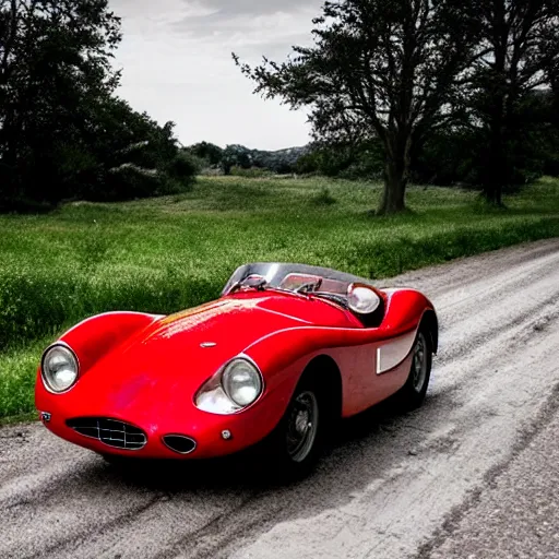 Prompt: photograph of a red Ferrari 166 MM car driving on a country road. a gleaming red barchetta from a better vanished time.