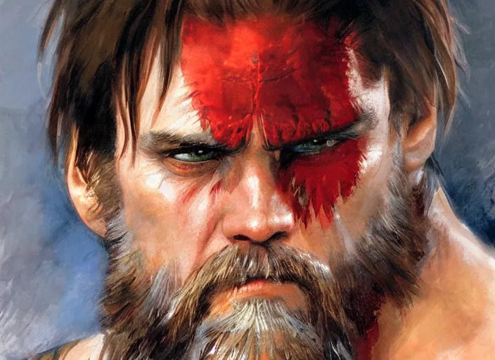 Image similar to a highly detailed beautiful portrait of jim carrey as kratos, by gregory manchess, james gurney, james jean