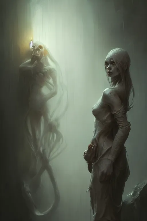 Prompt: Creepy, illustration, soft lighting, soft details, dark mood, painting oil on canvas by Bastien Lecouffe-Deharme and Cedric Peyravernay and Ken Barthelmey octane render trending on artstation d&d characters, 4k, 8k, HD