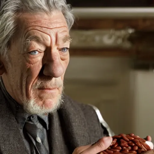 Image similar to film still of ian mckellen covered in baked beans