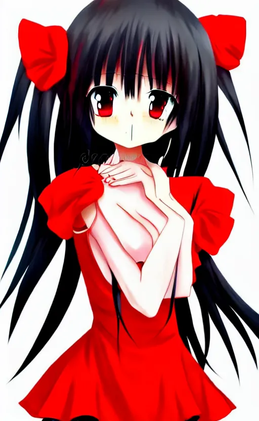Prompt: anime girl with a detailed face and black hair in a red outfit, full body, trending, blank space at the top, illustration