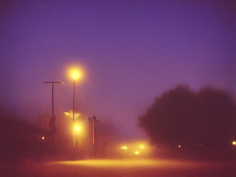 Image similar to fujifilm velvia 1 0 0 film photograph of vagrant at night volumetric fog