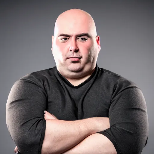 Prompt: Portrait photo of a bald and rougly shaven man named Heavy Weapons Guy, 4k, award winning photo