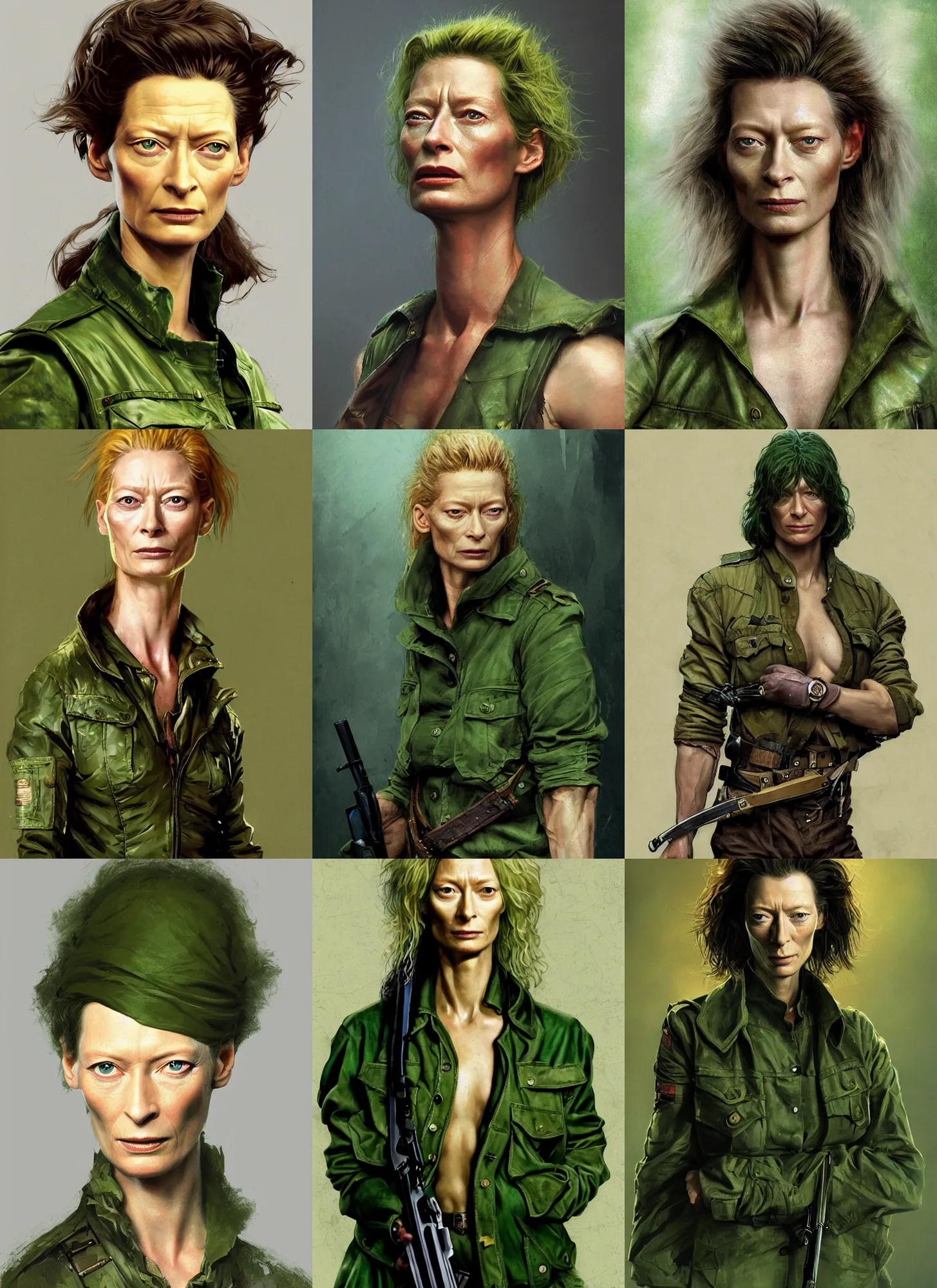 Prompt: portrait of beautiful tilda swinton as muscular john rambo from first blood. wearing green military jacket. digital art by eugene de blaas, ross tran, and nasreddine dinet, vibrant color scheme, intricately detailed, in the style of romanticism, cinematic, artstation, greg rutkowski