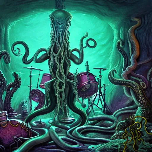 Image similar to dystopian fantasy undersea rock concert. On stage, the drummer is Cthulhu squid woman with tentacles playing a big rock&roll drum kit, by Philipp A. Urlich and H. R. Geiger and H. P. Lovecraft, fantasy, intricate, elegant, highly detailed, digital painting, artstation, blender, unreal engine 5, octane render, smooth, sharp focus, illustration