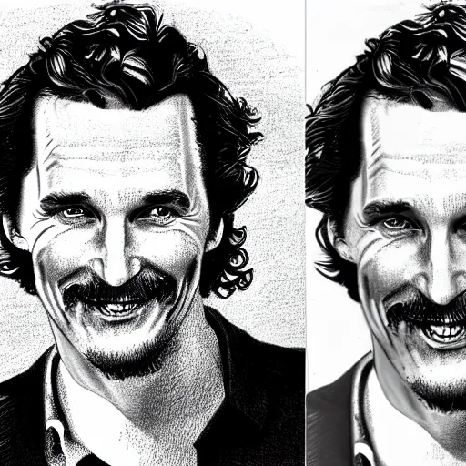 Image similar to a portrait drawing of Mathew McConaughey drawn by Robert Crumb