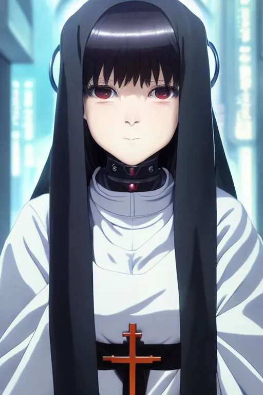 Image similar to portrait Anime cyborg girl in nun clothes, holy church Warhammer 40000, cute-fine-face, white-hair pretty face, realistic shaded Perfect face, fine details. Anime. realistic shaded lighting by Ilya Kuvshinov katsuhiro otomo ghost-in-the-shell, magali villeneuve, artgerm, rutkowski, WLOP Jeremy Lipkin and Giuseppe Dangelico Pino and Michael Garmash and Rob Rey