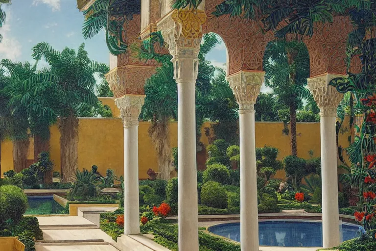 Prompt: painting of a beautiful moorish palace courtyard garden, by ludwig deutsch and maxfield parrish, patterned tilework, palm trees, tiled fountains, extremely detailed, cinematic lighting, smooth sharp focus