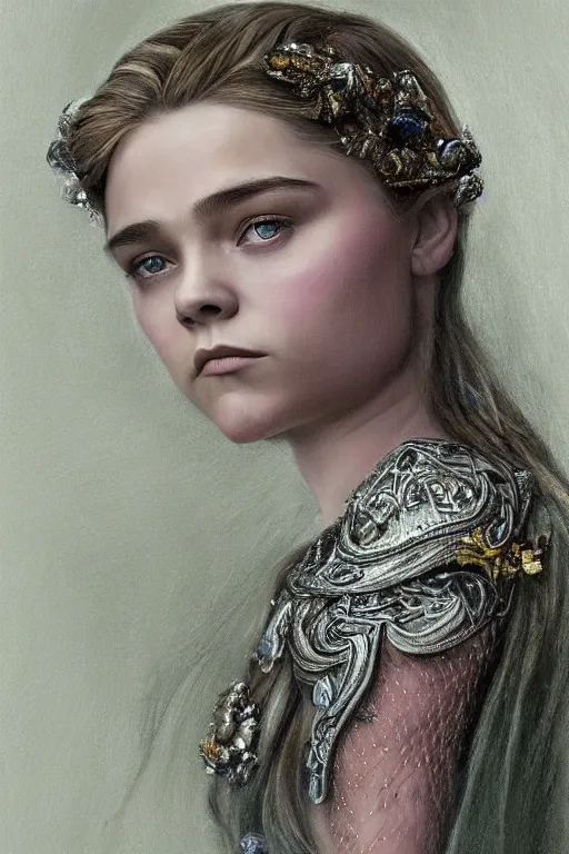 Image similar to a full body art nouveau portrait of a 16-year old girl who resembles Chloe Grace Moretz and Saoirse Ronan with a worried, intense gaze, wearing sheer silks and ornate intricate iridescent mother-of-pearl jeweled armor, intricate, elegant, highly detailed, digital painting, artstation, concept art, smooth, sharp focus, illustration, art by John William Waterhouse and William Adolphe Bouguereau and Donato Giancola and Alphonse Mucha