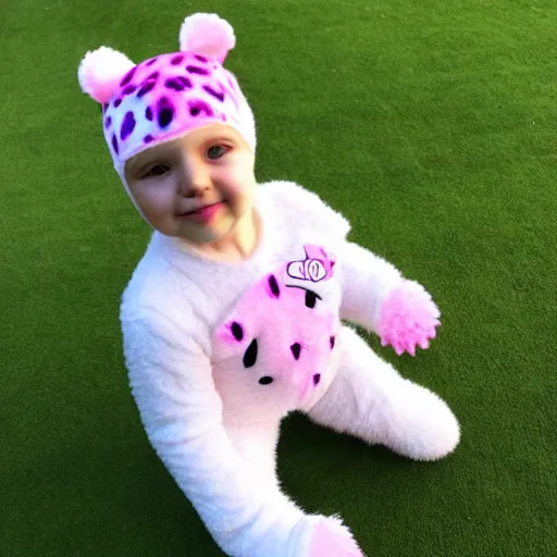 Image similar to a cute white teddy bear with pink ears wearing a pink cheetah print leotard