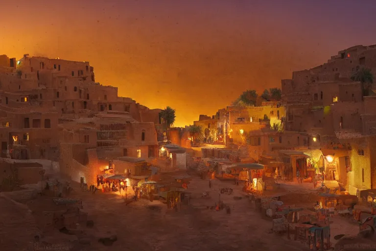 Prompt: in the middle of a adobe house kasbah town, mud and brick houses, merchant street, pueblo architecture, colorful crowd. Scenic view at night, underexposed, clean horizon, matte painting by raphael lacoste and marc simonetti and ruan jia, trending on artstation