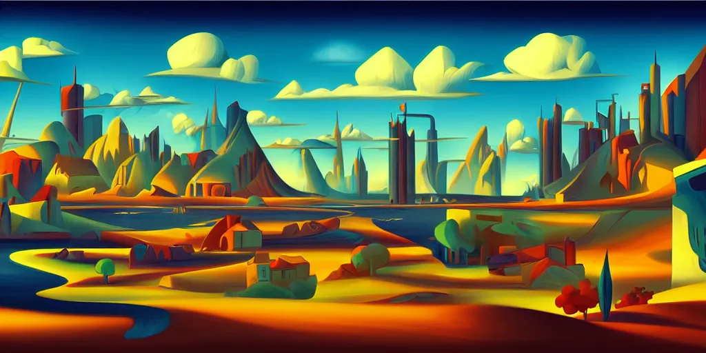 Image similar to a cartoon night landscape game background in art deco surrealism expressionism, artstation