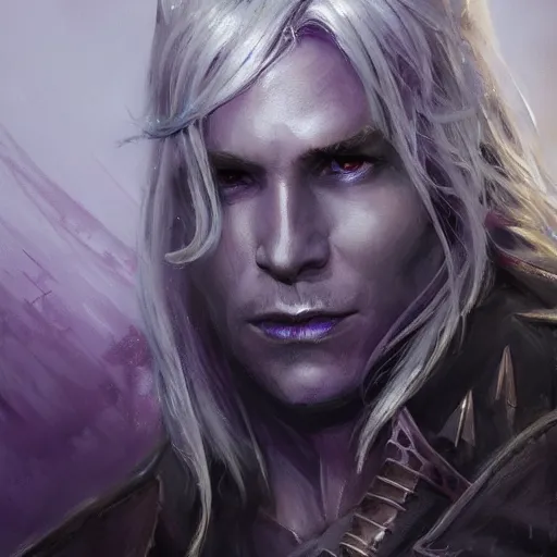 Image similar to closeup portrait drizzt do'urden, black skin, drow, lavender eyes, dungeons and dragons character, castle background, gorgeous view, realistic, high detail, digital art, painted by greg rutkowski, painted by jeremy mann, trending on artstation