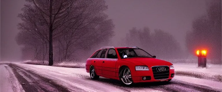 Image similar to Audi A4 B6 Avant (2002), a gritty neo-noir, Robot horror, dramatic bright lighting, cinematic, establishing shot, extremely high detail, photorealistic, cinematic lighting, artstation, by simon stalenhag, Snowy italian road, Snowy Apennines, At night, Poets of the Fall - Late Goodbye