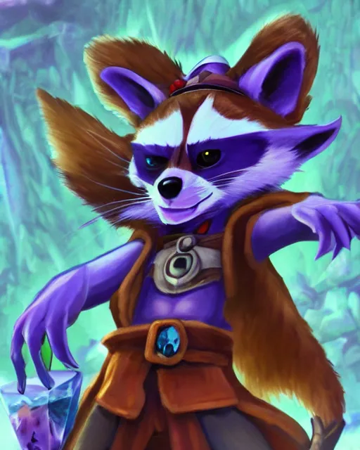 Image similar to 3 5 mm portrait of furry necromancer sly cooper raccoon holding a magical glowing gemstone in a crystal cave, d & d, magic the gathering, disney, pixar,