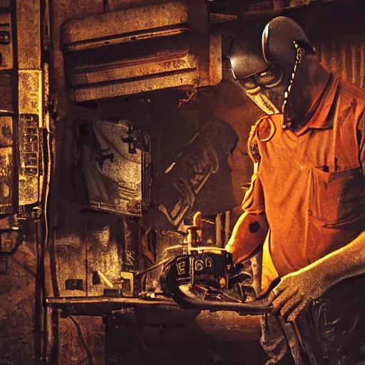 Image similar to half rusted old egg beater half stun - gun, balding older cyborg repairing, red hot soldering iron, dark messy smoke - filled cluttered workshop, dark, dramatic lighting, orange tint, cinematic, highly detailed, sci - fi, futuristic, movie still from blade runner