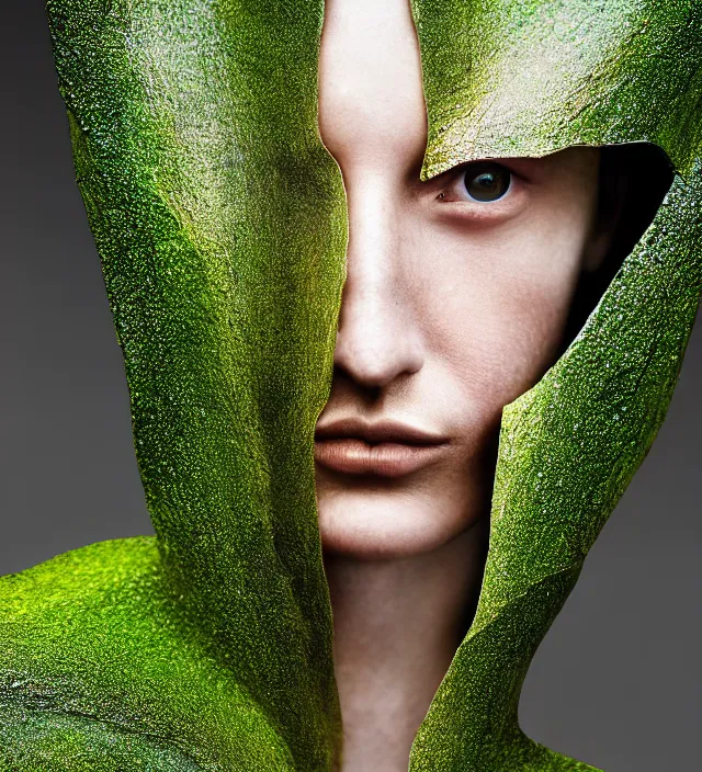 Image similar to photography face portrait of one female fashion model in rainforest, wearing one organic futurist cape designed by iris van herpen,, photography by paolo roversi nick knight, helmut newton, avedon, and araki, sky forest background, natural pose, highly detailed, skin grain detail