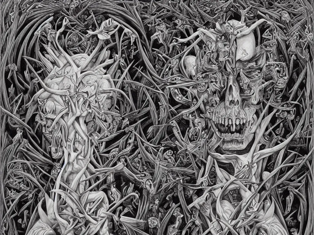 Image similar to meditation on death by Alex Grey and M. C. Escher collaboration