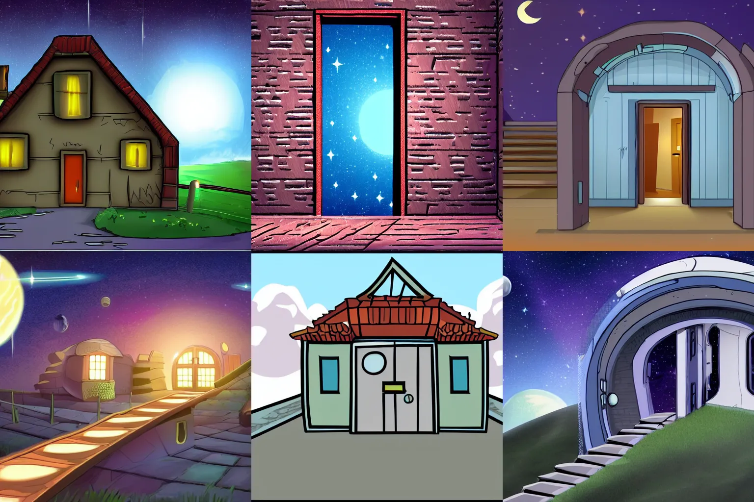Prompt: a house with a path leading up to the door, from a space themed Serria point and click 2D graphic adventure game, high quality cartoon style graphics