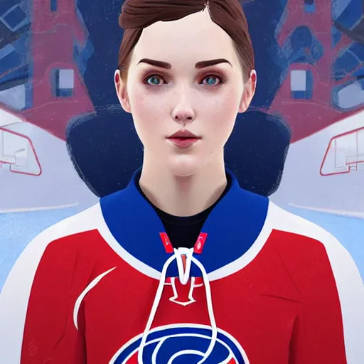 Image similar to portrait from Life is Strange, Female Ice Hockey Player, Habs fantasy, intricate, elegant, red blue white colorway, ice rink mist, highly detailed, digital painting, trending on artstation, concept art, smooth, sharp focus, illustration, art by james gilleard, beeple, artgerm and greg rutkowski and alphonse mucha, unreal engine, 4k, 8k
