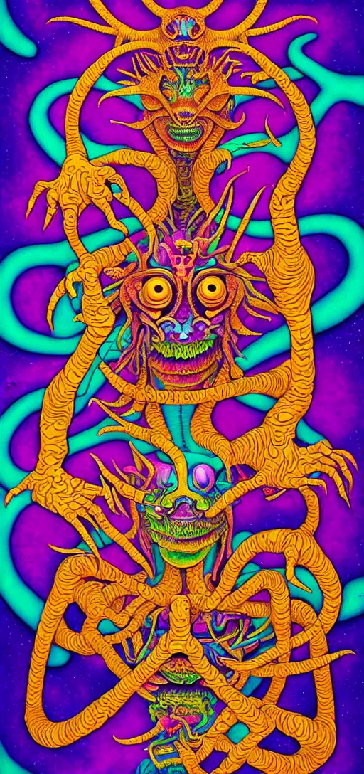 Image similar to dmt creature portraits in the style of kaws, victo ngai, lisa frank, francis goya, basil wolverton, roy litchenstein, mc escher style