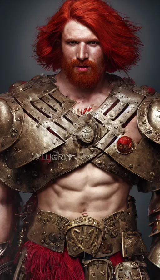 Prompt: bulky muscular scottish warrior with red hair and a kilt, tribal blood red war paintings on his chest, bronze plate armor, 4 k oil on linen by wlop, artgerm, andrei riabovitchev, nuri iyem, james gurney, james jean, greg rutkowski, highly detailed, soft lighting 8 k resolution