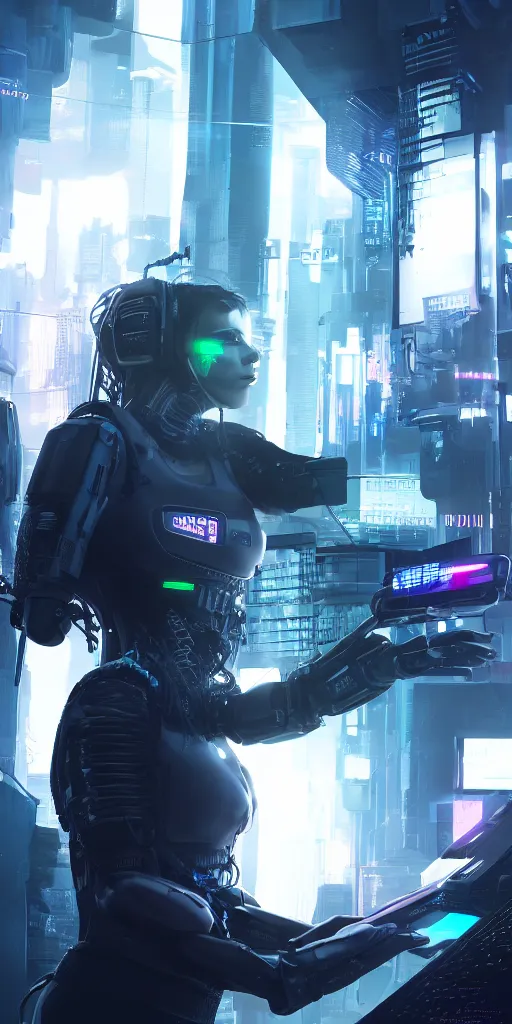 Image similar to concept art, supercomputer on the wrist, cyberpunk style, backlight, future technology, smooth lines, high detail, 8 k, octane rendering, unreal engine.