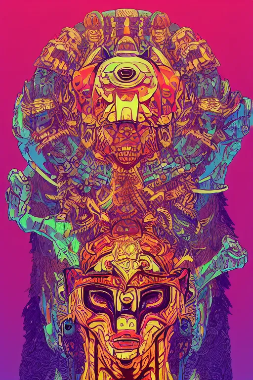 Image similar to totem animal tribal chaman vodoo mask feather gemstone plant video game illustration vivid color borderlands and by feng zhu and loish and laurie greasley, victo ngai, andreas rocha, john harris radiating a glowing aura