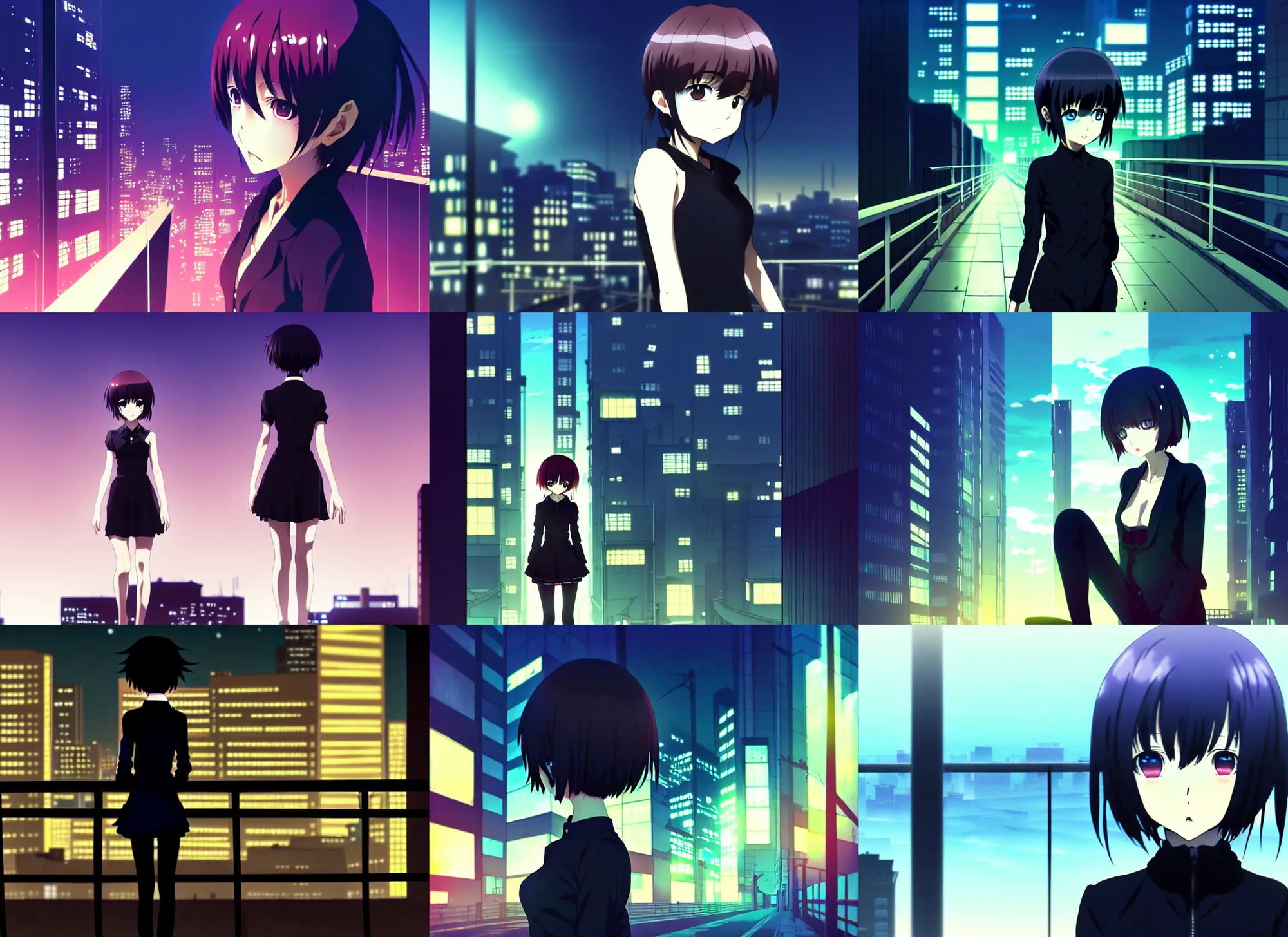 Prompt: anime frames, anime visual, dark portrait of a young female overlooking the city at night, guardrails, very low light, cute face by ilya kuvshinov and, psycho pass, kyoani, dynamic pose, dynamic perspective, strong silhouette, anime cels, rounded eyes, yoshinari yoh, dark tint