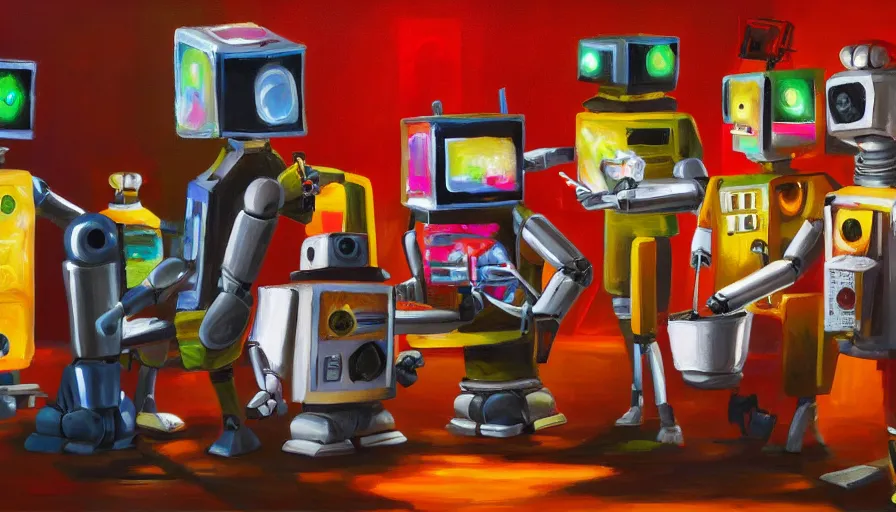 Prompt: robots having a cocktail party in an art gallery while robots paint landscapes on canvases, dramatic lighting, 4 k