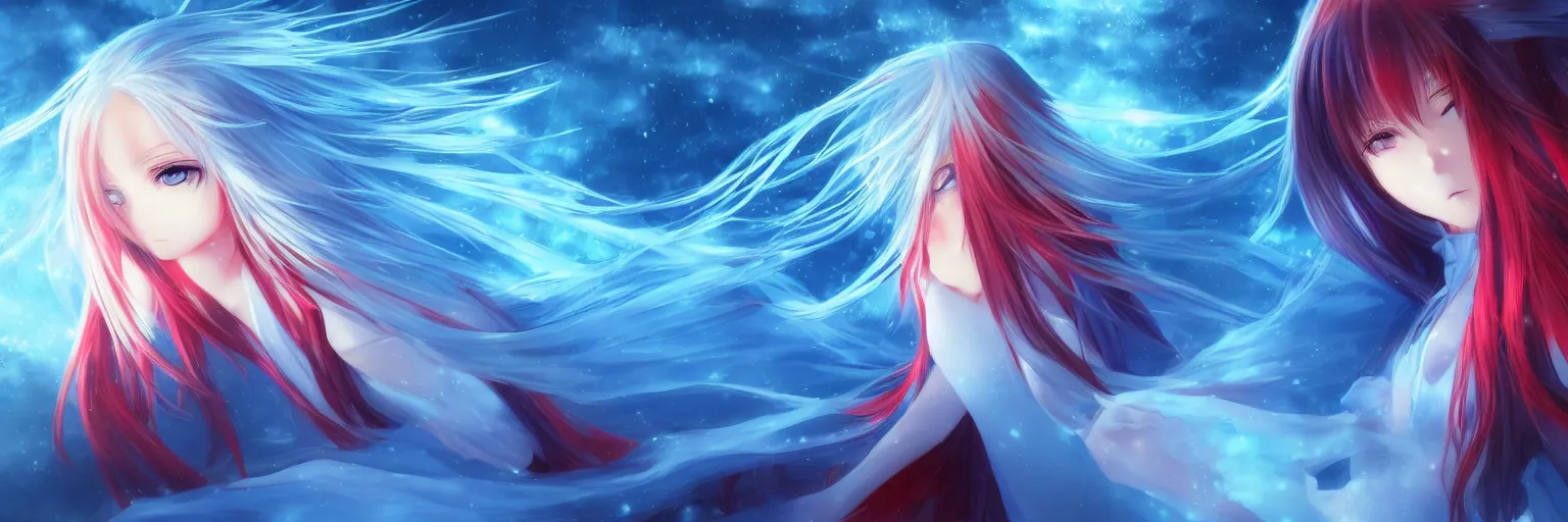 Image similar to advanced digital anime art, a very cute gorgeous teenage girl with a body made of fire and ice , full body, very long snow colored hair, sky blue highlights in hair, red fiery watery eyes, dress made of water, full round face, dramatic cinematic lighting, wideshot, highly intricately detailed, trending on pixiv, Artstation,