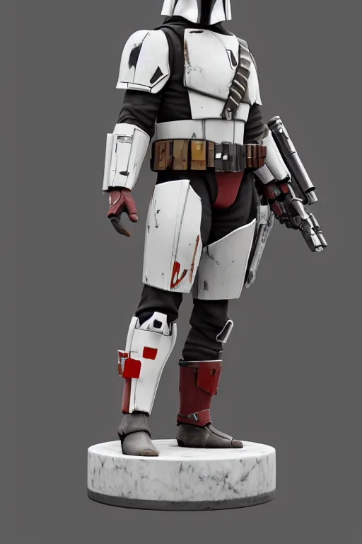 Prompt: mandalorian overwatch style statue made of white marble standing, 3 d render, octane render, unreal engine, overwatch, detailed, dynamic light, beautiful, rococo, accents of red