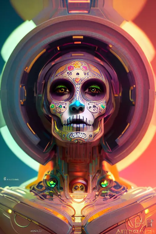 Image similar to ultra detailed female android deity, scifi, fantasy, octane render, dia de los muertos, asymmetrical intricate concept art, triadic color, art by artgerm and greg rutkowski and alphonse mucha, 8 k