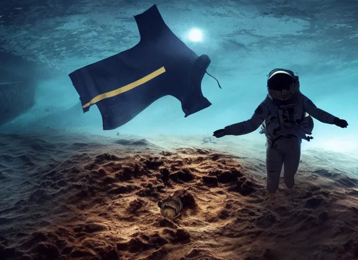 Image similar to astronaut underwater putting a flag in the sand of the bottom of the ocean. there is a submarine that looks like a rocket in the distance. dark, concept art, cinematic, dramatic, atmospheric, 8 k, trending on artstation, low visibility, zack snyder