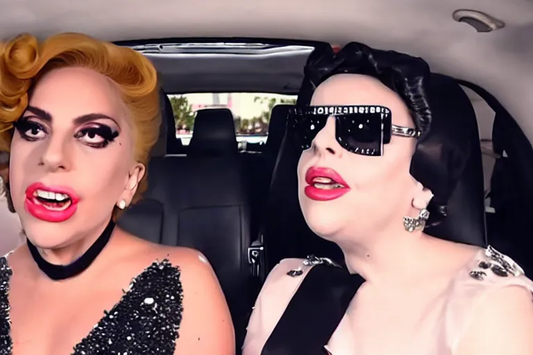 Image similar to lady gaga and judy garland doing carpool karaoke, lady gaga and judy garland, carpool karaoke, lady gaga, judy garland, carpool karaoke, youtube video screenshot, the late late show with james corden, higly realistic, high resolution, dashcam