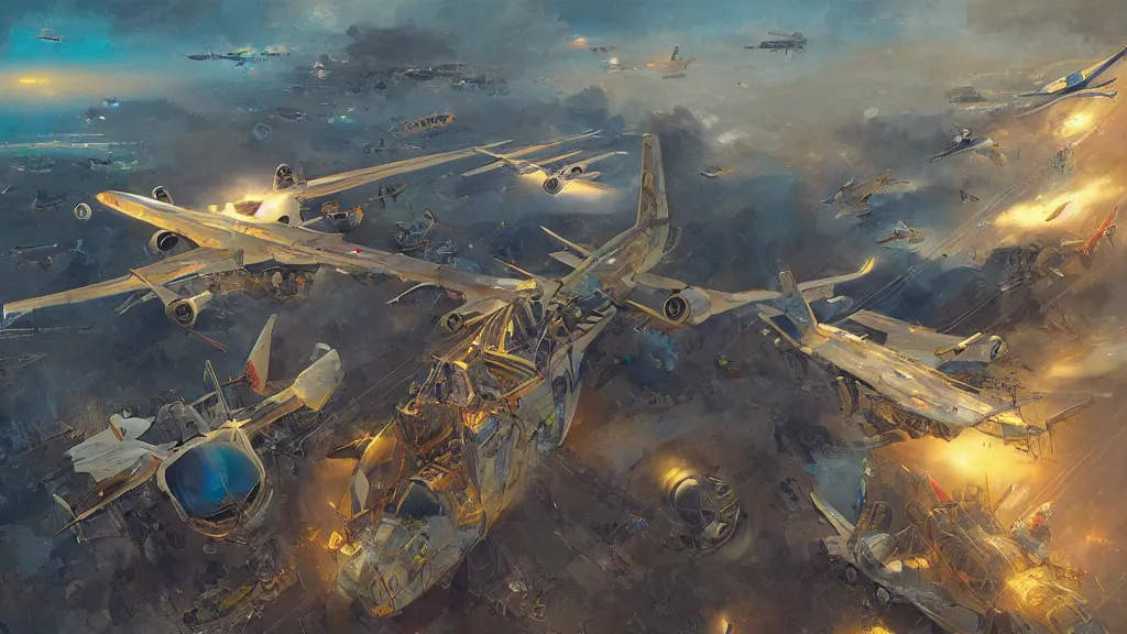 Prompt: the airplanes are waited for the same thing, digital art, illustration, highly detailed, art by finnian macmanus