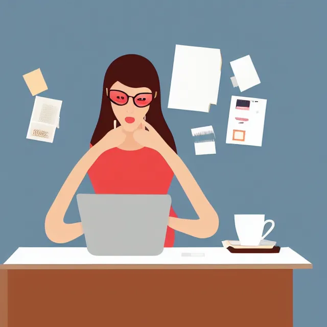 Prompt: illustration woman looking at her computer, coffee cup, papers piled on the desk, 6-color, flat vector, sharp edges, simple, beautiful composition