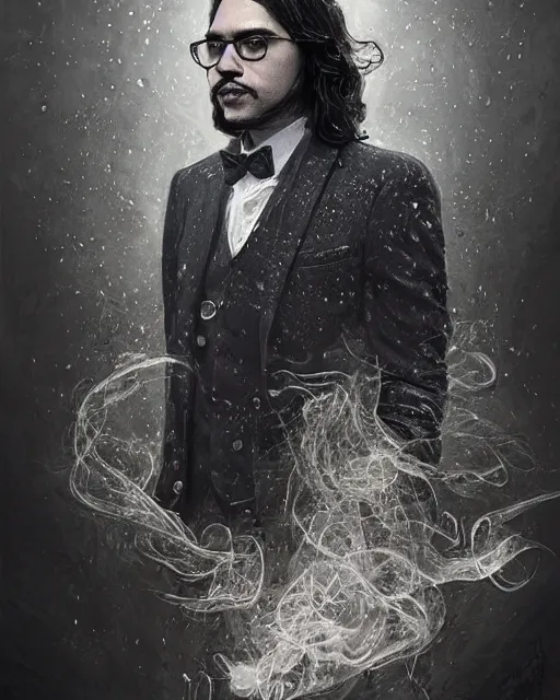 Image similar to a highly detailed portrait of carlos valdes radiating a powerful energy aura, ornate black tuxedo, no mustache, no beard, long hair, wispy tendrils of smoke, intricate, digital painting, old english, raining, sepia, particles floating, whimsical background by marc simonetti, artwork by liam wong