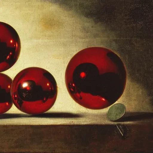 Prompt: chrome spheres on a red cube by cornelis van haarlem