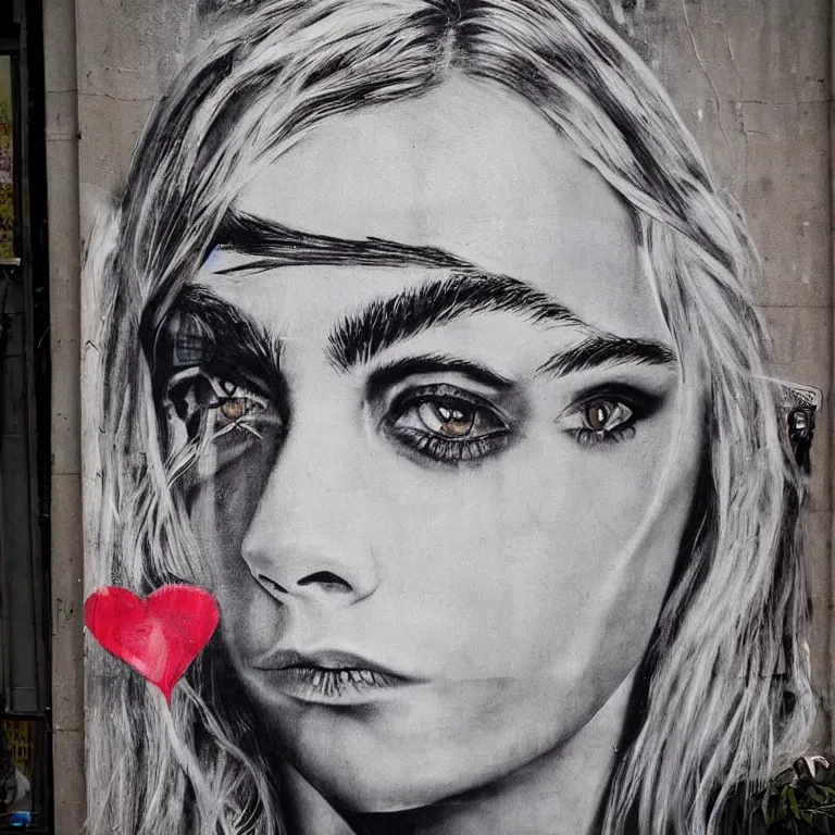 Image similar to Street-art portrait of Cara Delevingne in style of Banksy, photorealism, elegan woman, smiling, clear eyes