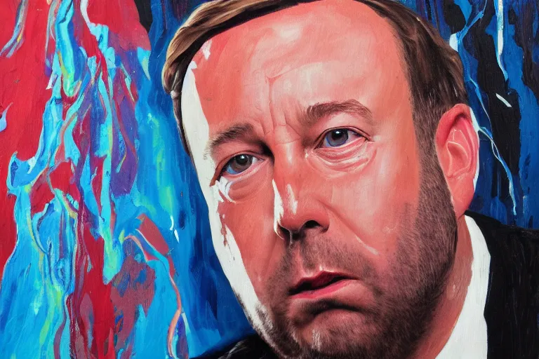 Prompt: abstract painting of alex jones looking worried as his life collapses into the lovecraftian void around him