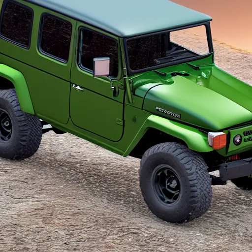 Image similar to closeup of a green Toyota Fj43 build in 1981, black roof, with a roof rack, detailed, by Leonardo da Vinci, 8K, octane render, 8K,